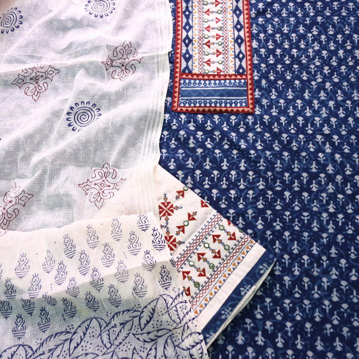 Roopsakhi Indigo Blue Patch with Kutch Work Dabu Printed Kutch Cotton Suit Set D4