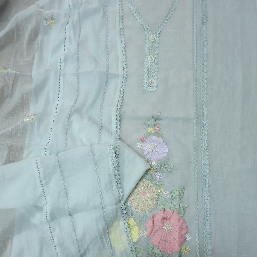 Khayaal Fossil Grey Embroidered Hem with Lace Work on Neck Chanderi Suit Set
