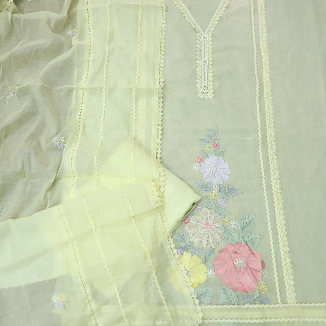 Khayaal Buttermilk Yellow Embroidered Hem with Lace Work on Neck Chanderi Suit Set