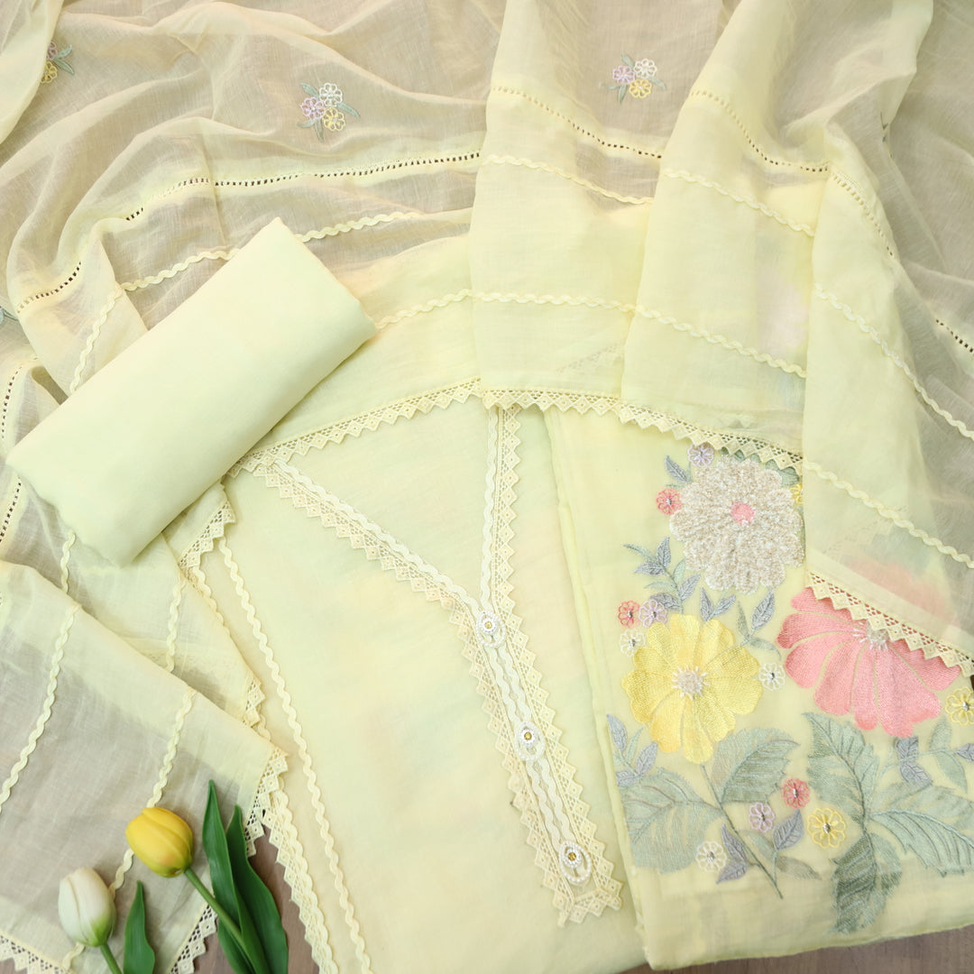 Khayaal Buttermilk Yellow Embroidered Hem with Lace Work on Neck Chanderi Suit Set