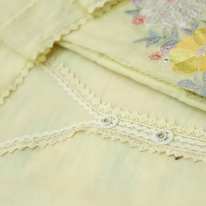Khayaal Buttermilk Yellow Embroidered Hem with Lace Work on Neck Chanderi Suit Set