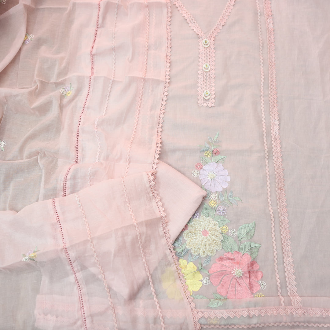 Khayaal Baby Pink Embroidered Hem with Lace Work on Neck Chanderi Suit Set