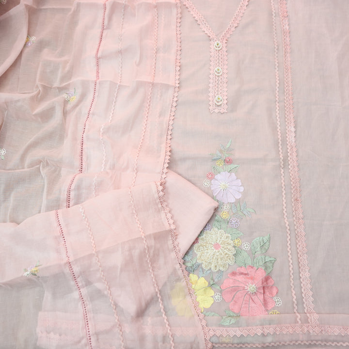 Khayaal Baby Pink Embroidered Hem with Lace Work on Neck Chanderi Suit Set