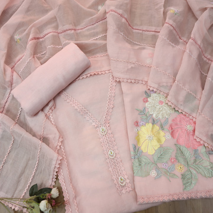 Khayaal Baby Pink Embroidered Hem with Lace Work on Neck Chanderi Suit Set