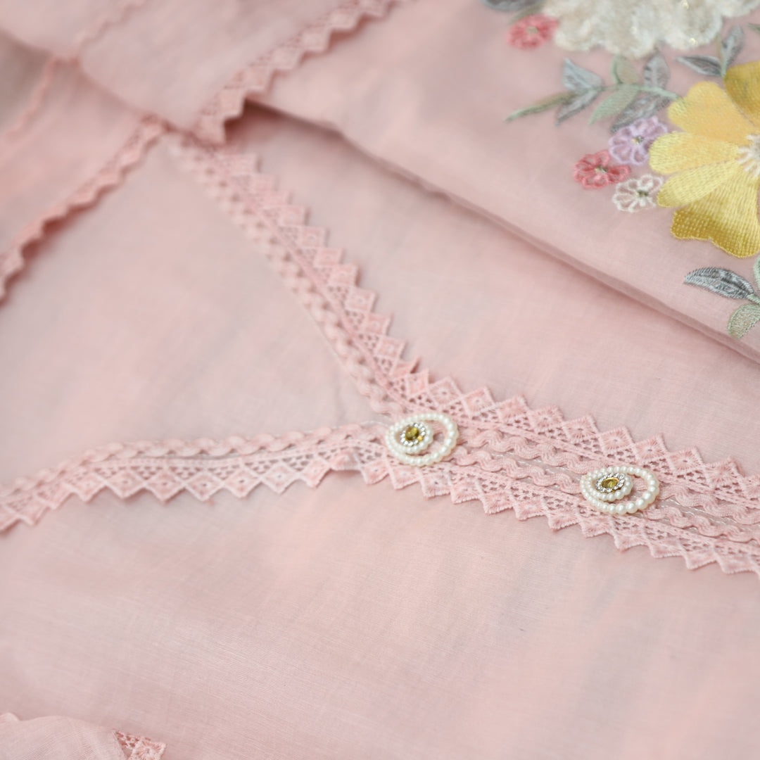 Khayaal Baby Pink Embroidered Hem with Lace Work on Neck Chanderi Suit Set