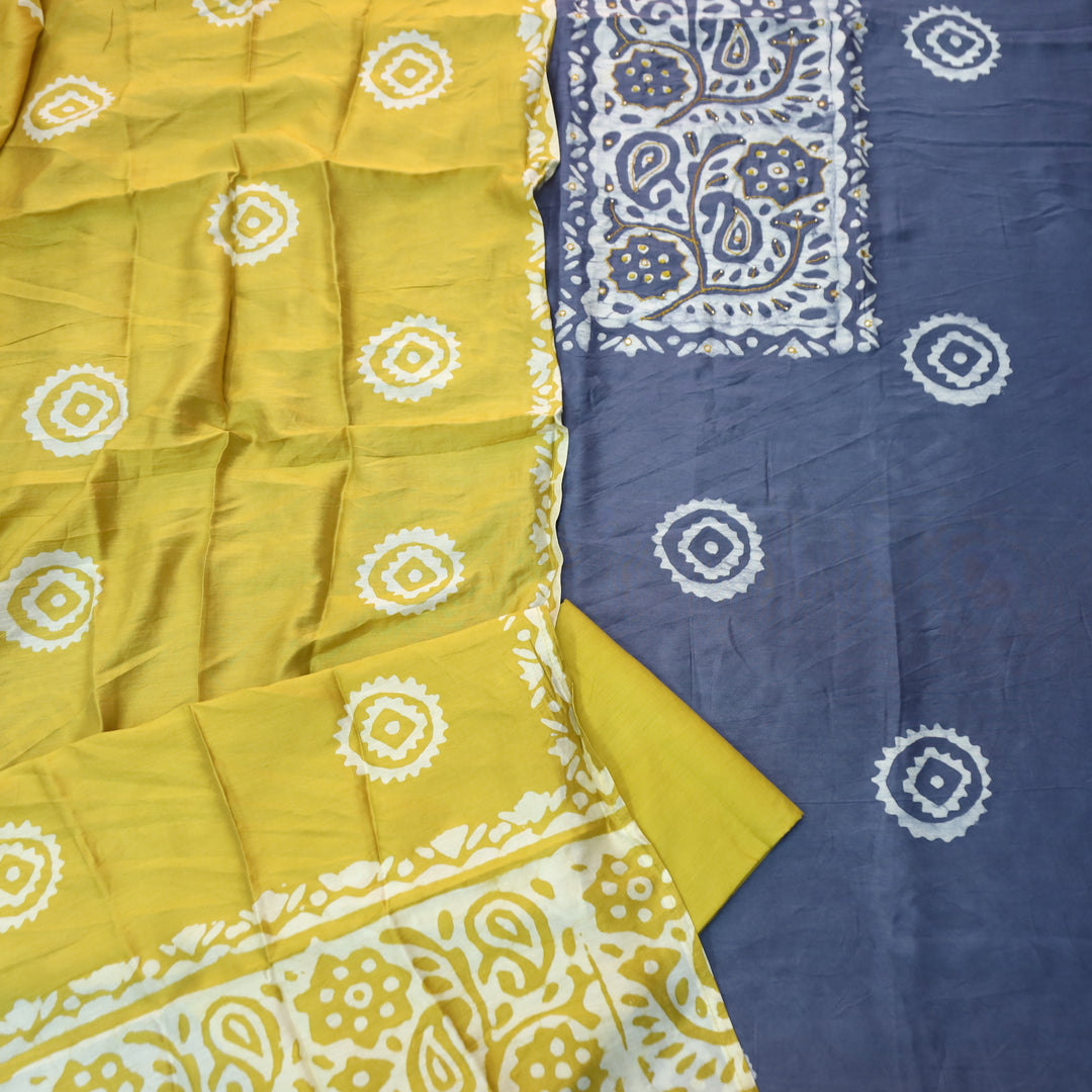Raavi Bluish Grey French Knot in Batik Print Neck Work Chanderi Suit Set