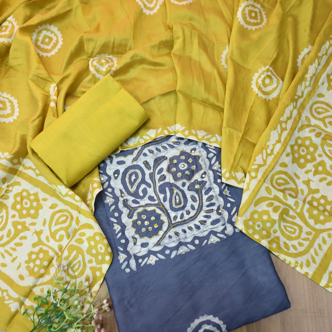 Raavi Bluish Grey French Knot in Batik Print Neck Work Chanderi Suit Set