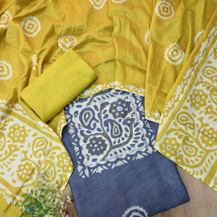 Raavi Bluish Grey French Knot in Batik Print Neck Work Chanderi Suit Set