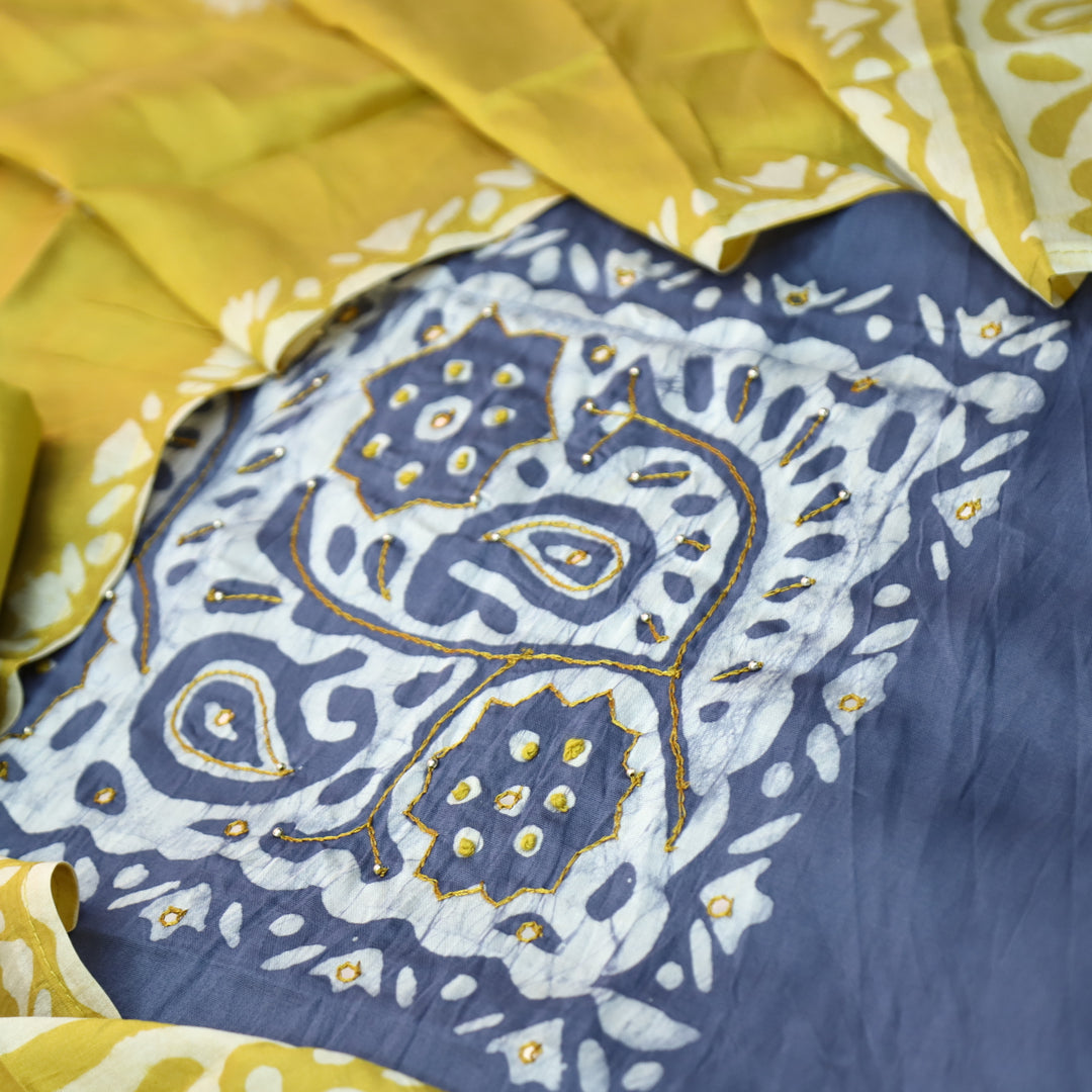 Raavi Bluish Grey French Knot in Batik Print Neck Work Chanderi Suit Set
