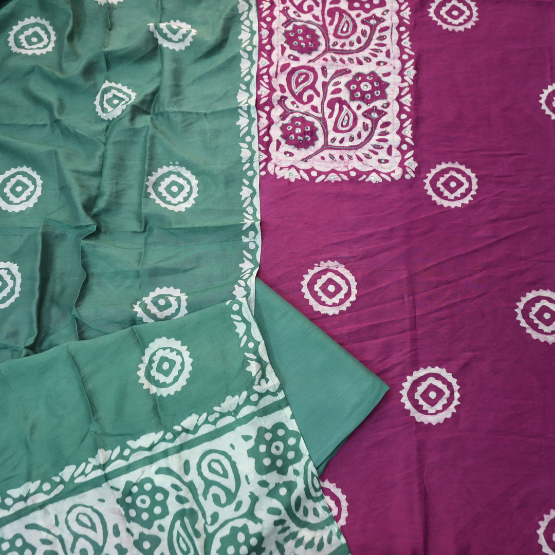 Raavi Onion Purple French Knot in Batik Print Neck Work Chanderi Suit Set