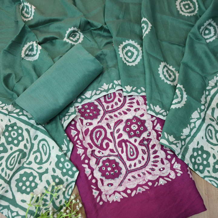 Raavi Onion Purple French Knot in Batik Print Neck Work Chanderi Suit Set
