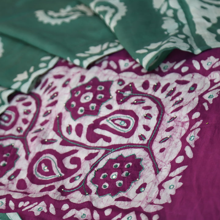 Raavi Onion Purple French Knot in Batik Print Neck Work Chanderi Suit Set
