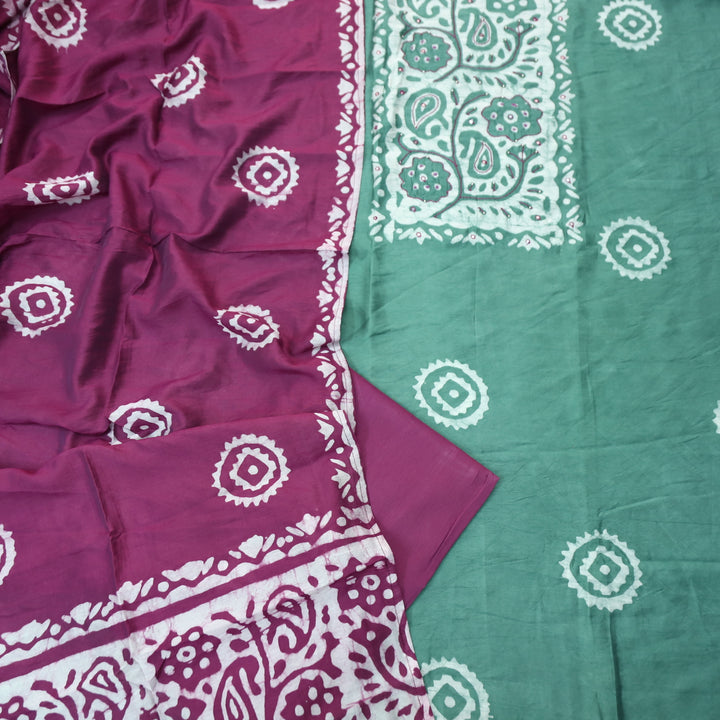 Raavi Sage Green French Knot in Batik Print Neck Work Chanderi Suit Set