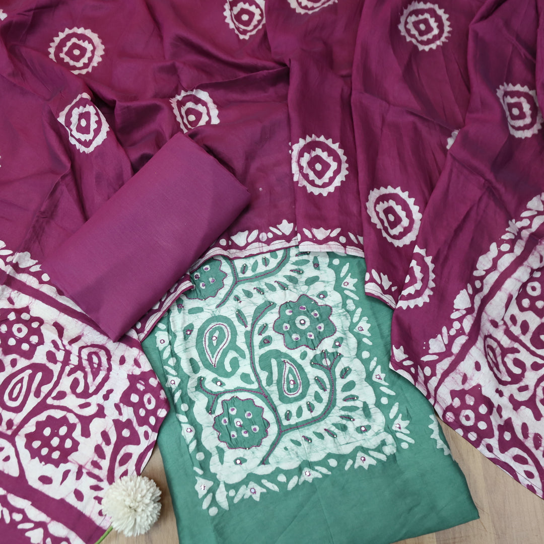 Raavi Sage Green French Knot in Batik Print Neck Work Chanderi Suit Set