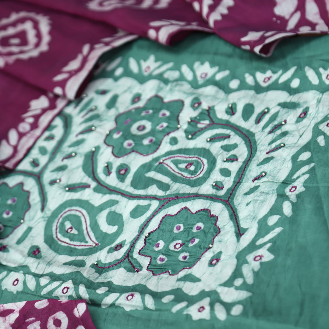 Raavi Sage Green French Knot in Batik Print Neck Work Chanderi Suit Set