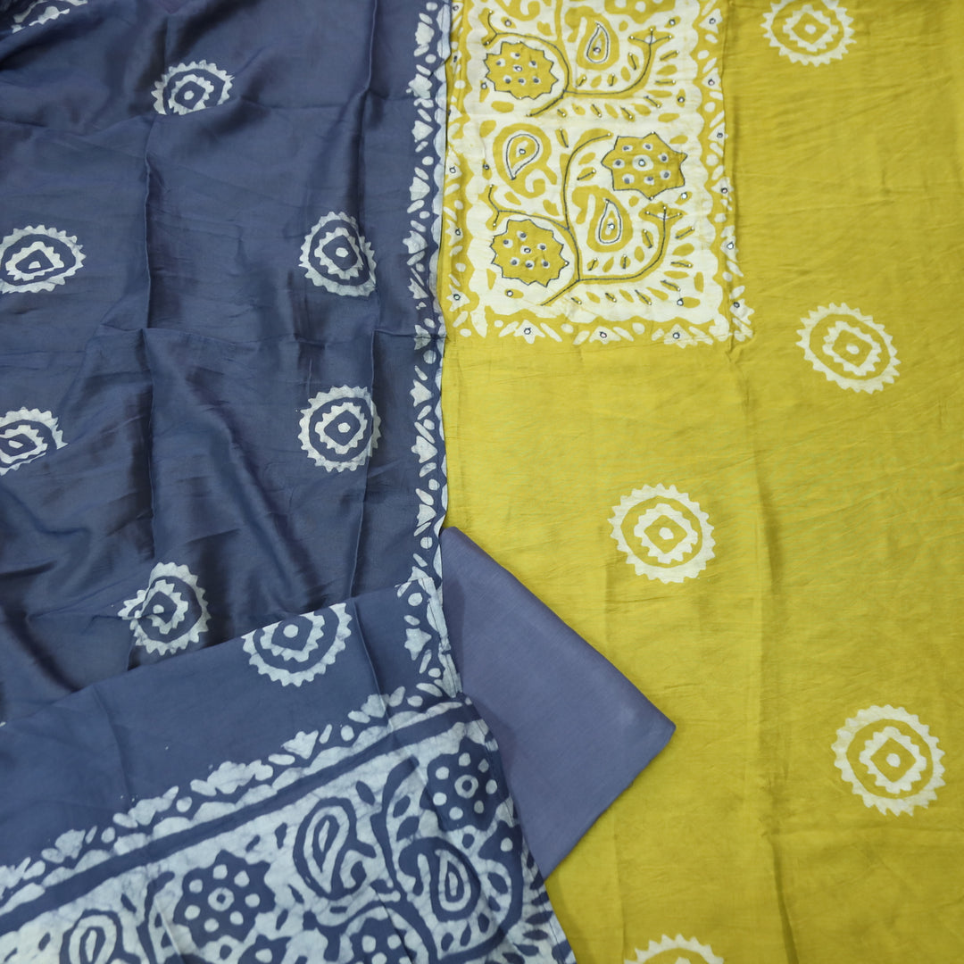 Raavi Canary Yellow French Knot in Batik Print Neck Work Chanderi Suit Set