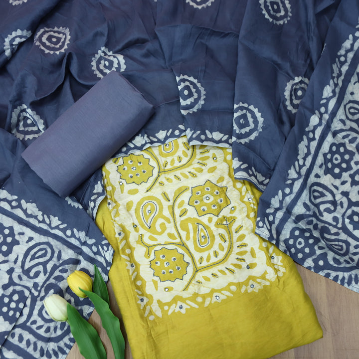 Raavi Canary Yellow French Knot in Batik Print Neck Work Chanderi Suit Set
