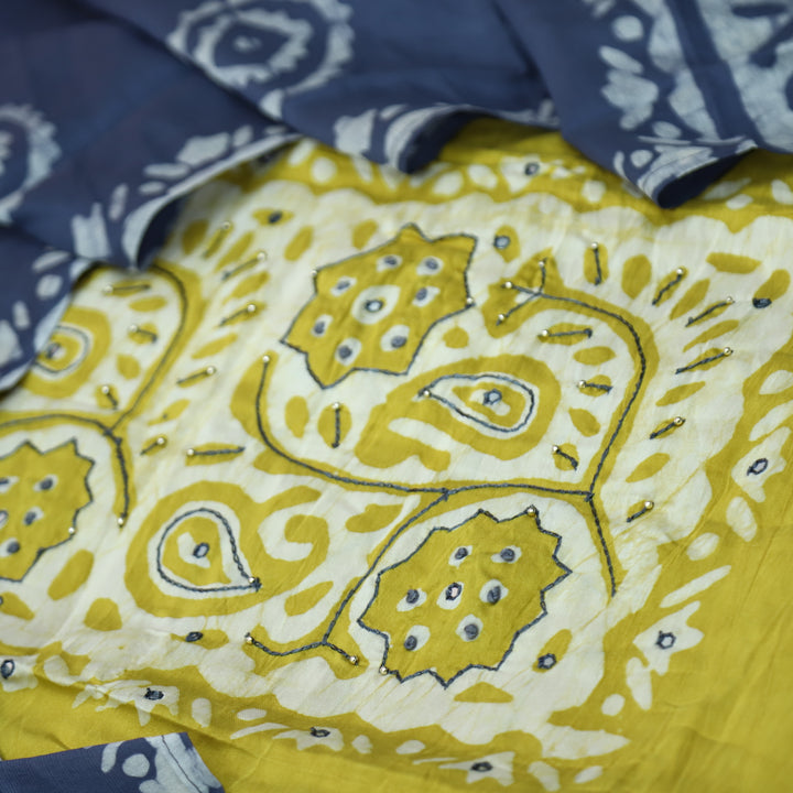 Raavi Canary Yellow French Knot in Batik Print Neck Work Chanderi Suit Set