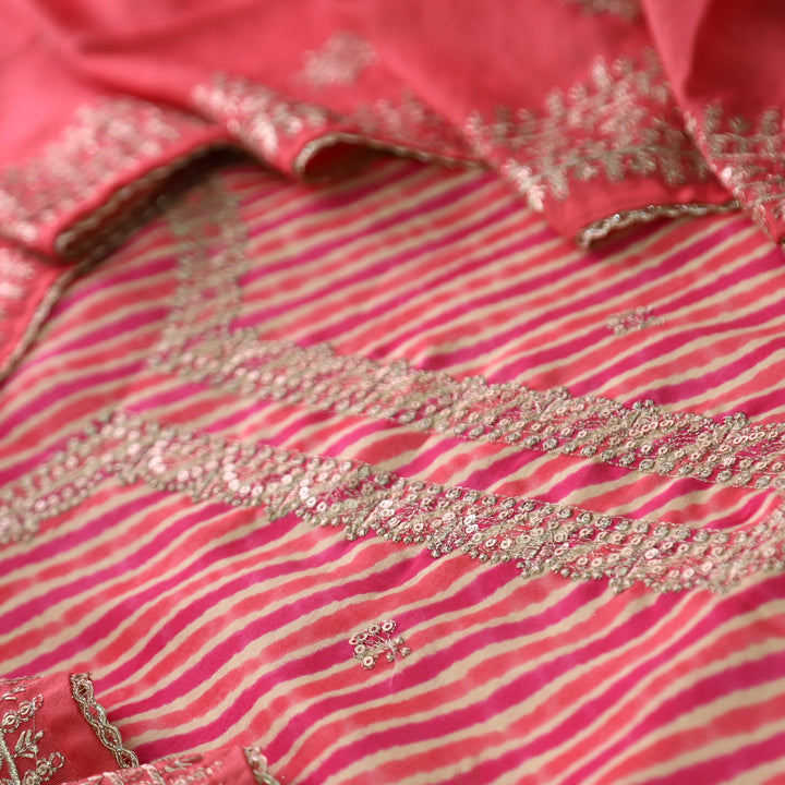 Sajna Rani Pink Embellish Zari Neck Work Leheriya Print Modal Suit Set
