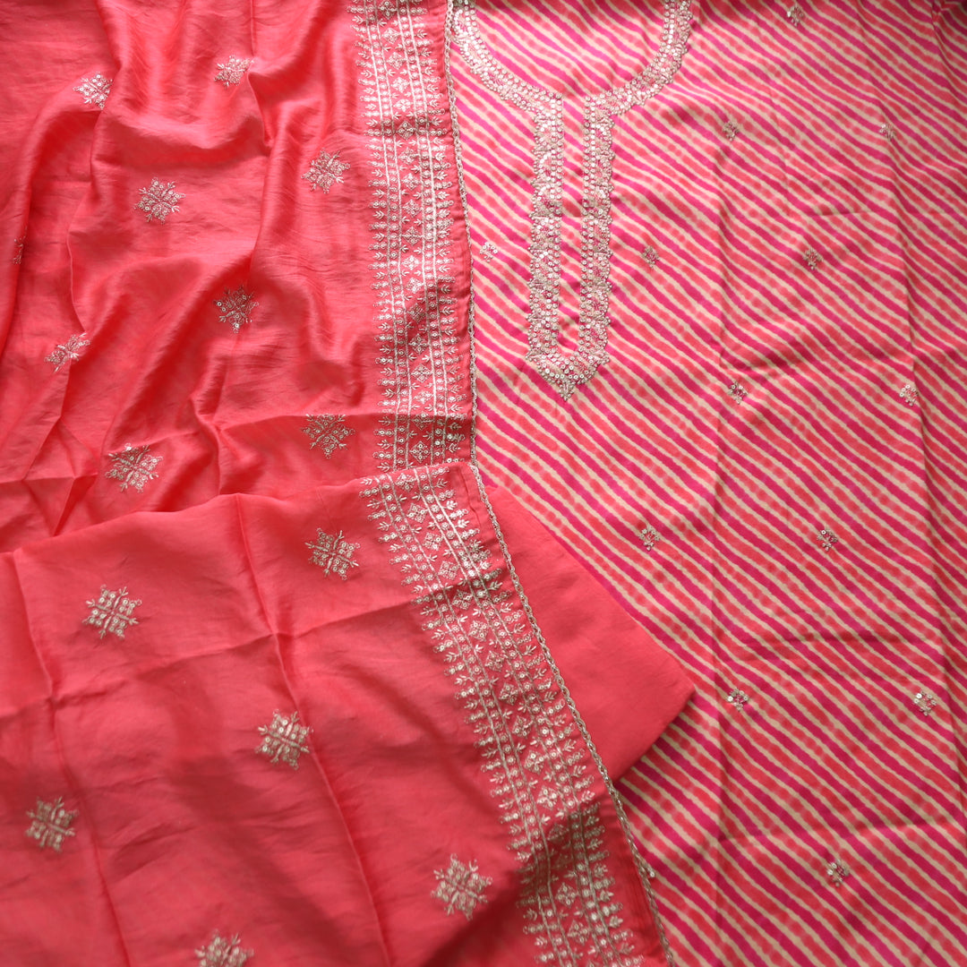 Sajna Rani Pink Embellish Zari Neck Work Leheriya Print Modal Suit Set