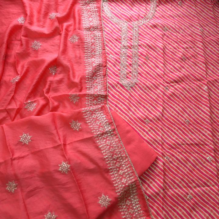 Sajna Rani Pink Embellish Zari Neck Work Leheriya Print Modal Suit Set