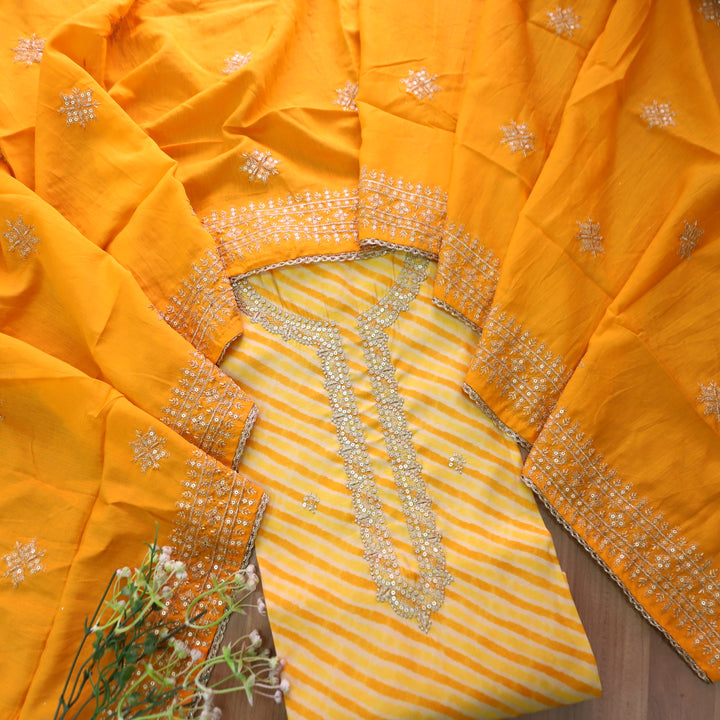 Sajna Corn Yellow Embellish Zari Neck Work Leheriya Print Modal Suit Set