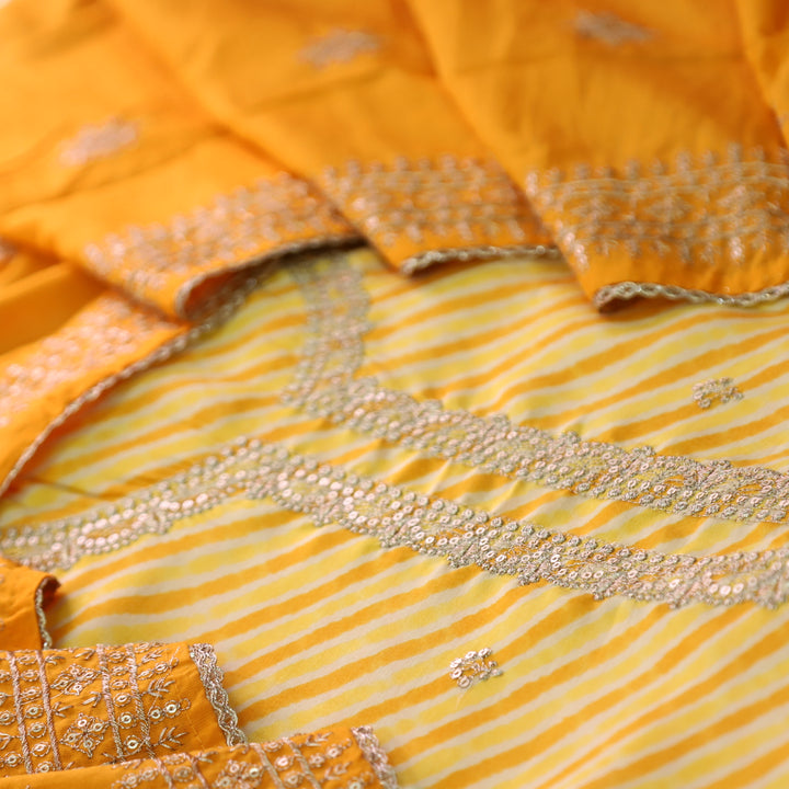Sajna Corn Yellow Embellish Zari Neck Work Leheriya Print Modal Suit Set