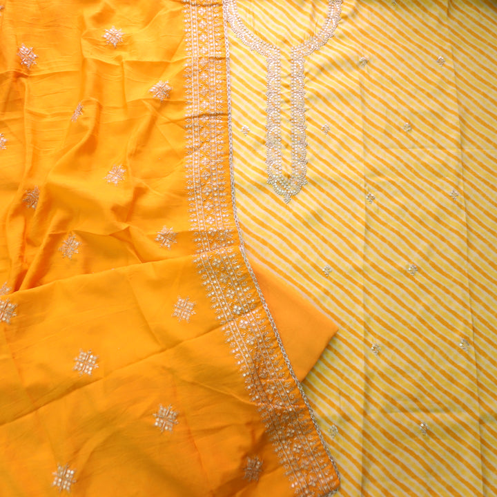 Sajna Corn Yellow Embellish Zari Neck Work Leheriya Print Modal Suit Set