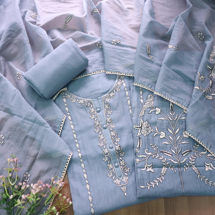 Khayaal Fossil Grey All Over Thread Embroidered with Fabric Button Chanderi Set