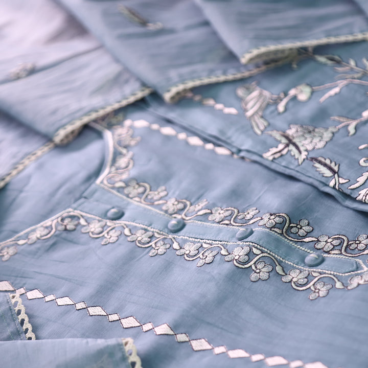 Khayaal Fossil Grey All Over Thread Embroidered with Fabric Button Chanderi Set