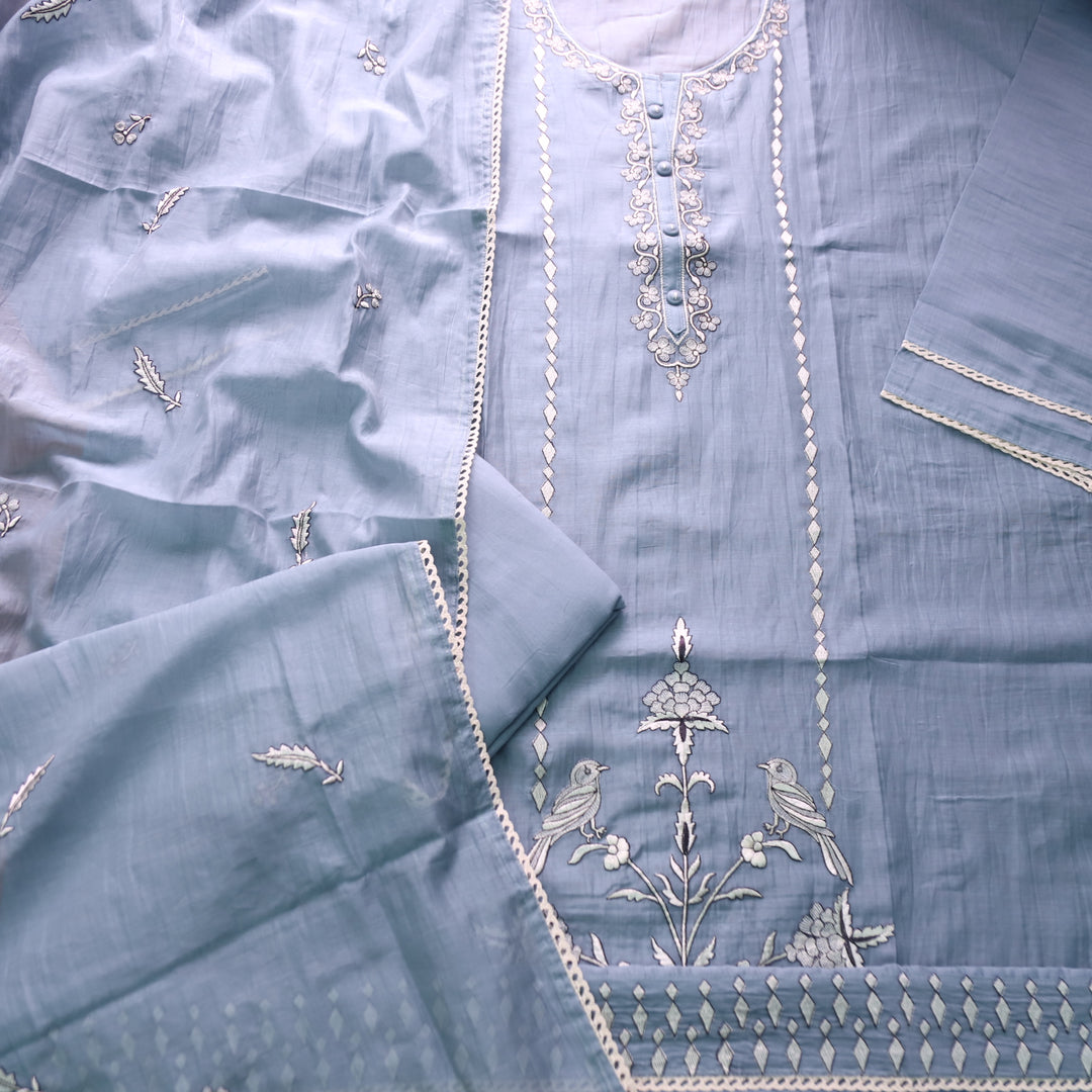Khayaal Fossil Grey All Over Thread Embroidered with Fabric Button Chanderi Set
