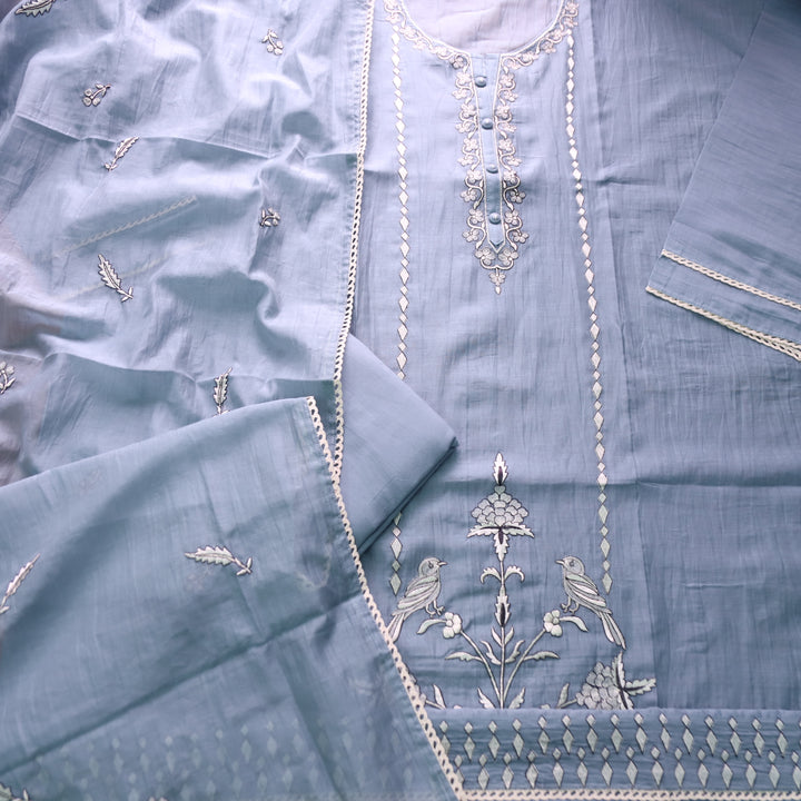 Khayaal Fossil Grey All Over Thread Embroidered with Fabric Button Chanderi Set