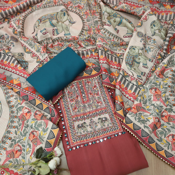 Rohini Dark Mauve with Madhubani Print Yoke with Mirror Detailing Vatican Silk Set
