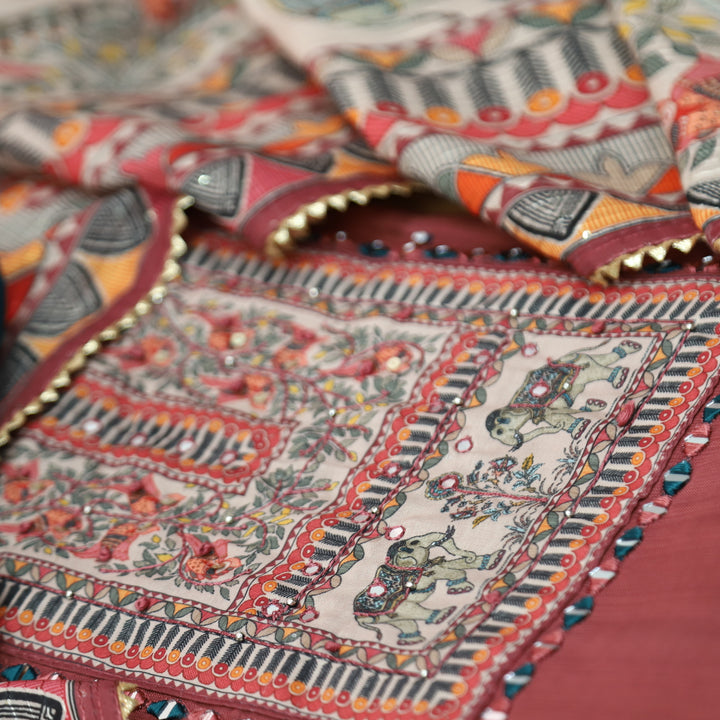Rohini Dark Mauve with Madhubani Print Yoke with Mirror Detailing Vatican Silk Set