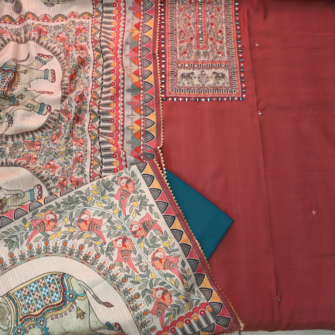 Rohini Dark Mauve with Madhubani Print Yoke with Mirror Detailing Vatican Silk Set