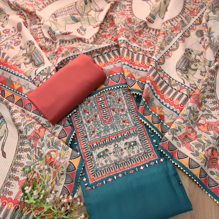Rohini Dark Teal Blue with Madhubani Print Yoke with Mirror Detailing Vatican Silk Set