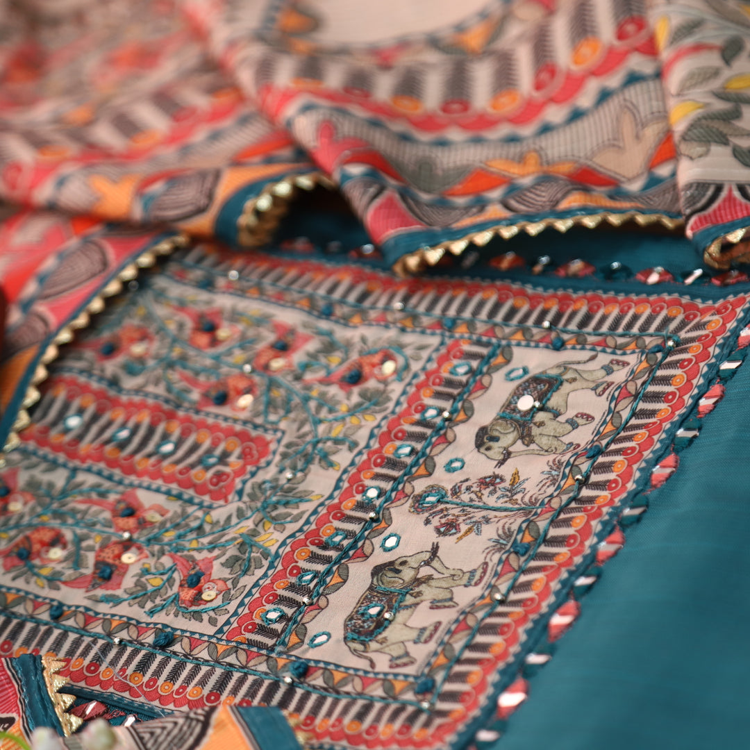 Rohini Dark Teal Blue with Madhubani Print Yoke with Mirror Detailing Vatican Silk Set