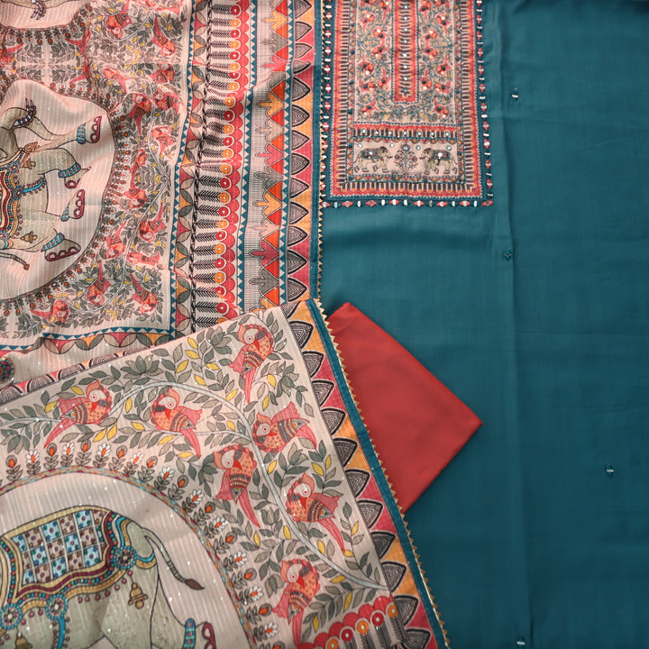 Rohini Dark Teal Blue with Madhubani Print Yoke with Mirror Detailing Vatican Silk Set