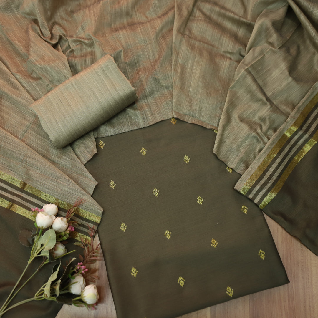 Premika Dark Olive Green All Over Thread Weaved Work Cotton Silk Suit Set