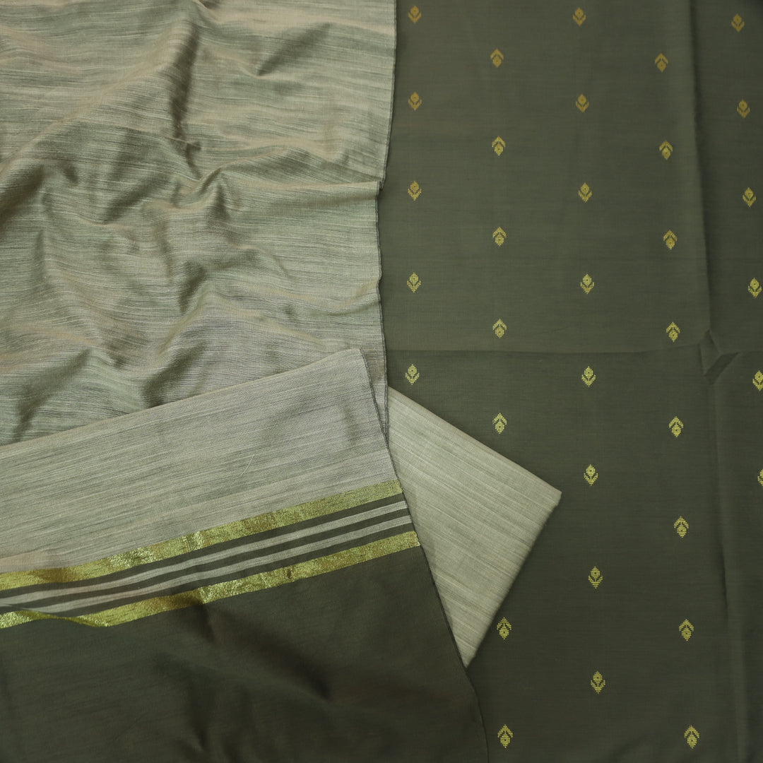 Premika Dark Olive Green All Over Thread Weaved Work Cotton Silk Suit Set