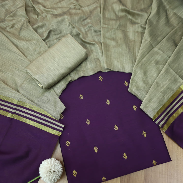 Premika Eggplant Purple All Over Thread Weaved Work Cotton Silk Suit Set