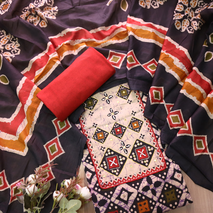 Roopdevi Black Batik Print with Thread and Patra Neck Work Cotton Set with Red Bottom