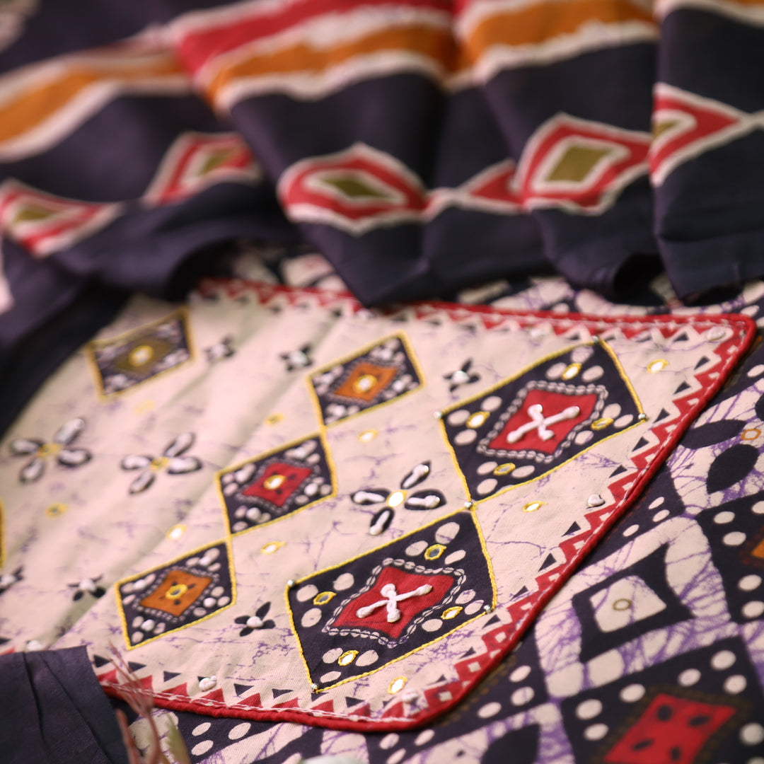Roopdevi Black Batik Print with Thread and Patra Neck Work Cotton Set with Red Bottom