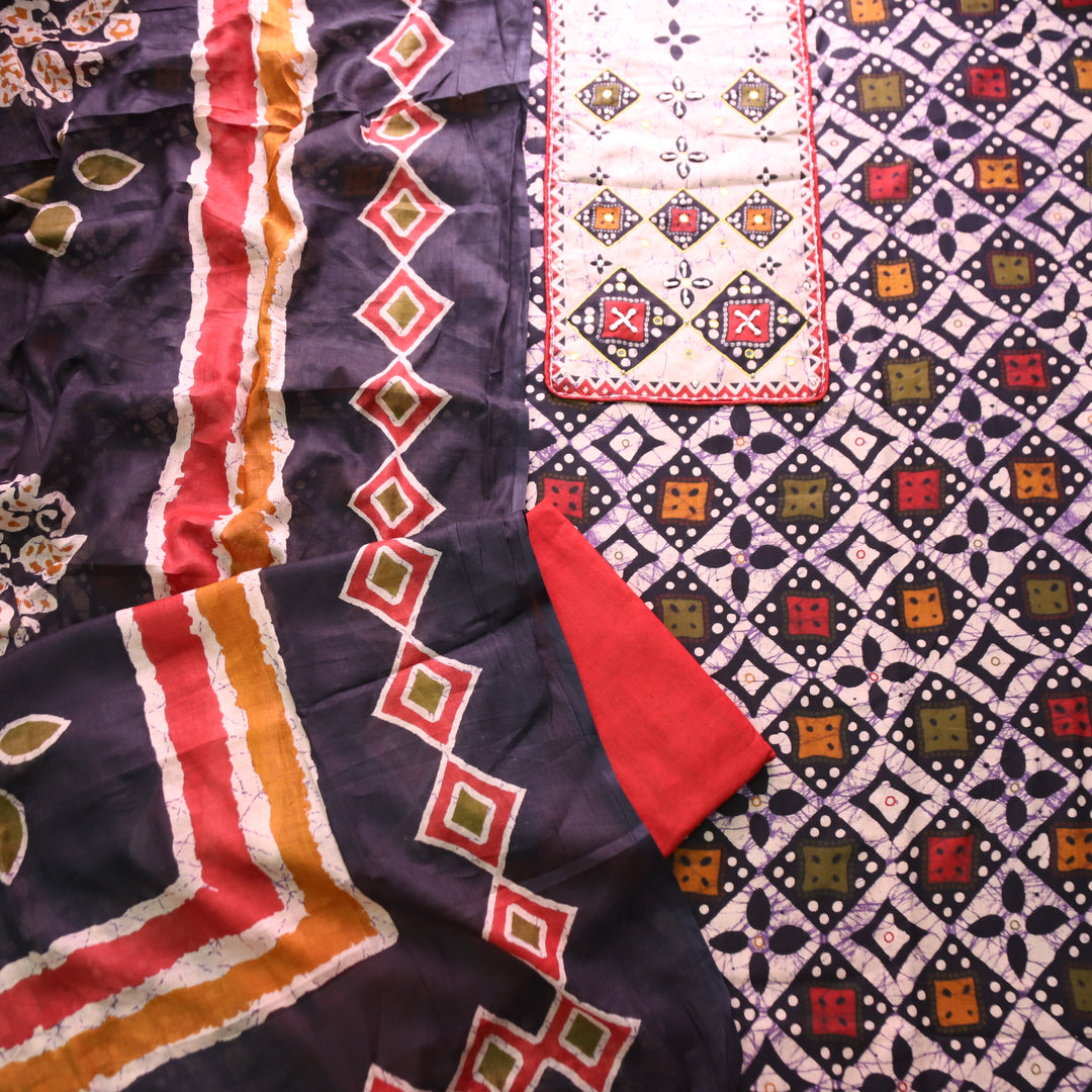 Roopdevi Black Batik Print with Thread and Patra Neck Work Cotton Set with Red Bottom
