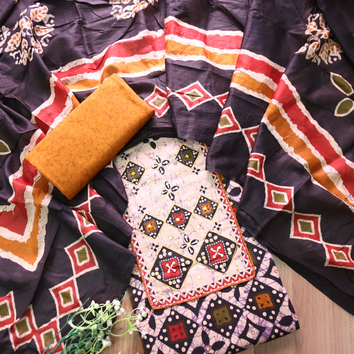 Roopdevi Black Batik Print with Thread and Patra Neck Work Cotton Set with Yellow Bottom