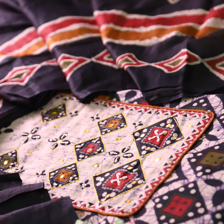 Roopdevi Black Batik Print with Thread and Patra Neck Work Cotton Set with Yellow Bottom