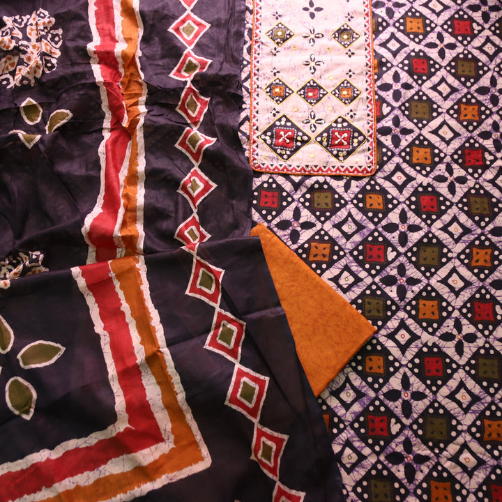 Roopdevi Black Batik Print with Thread and Patra Neck Work Cotton Set with Yellow Bottom