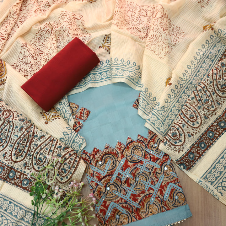 Sadhgi Powder Blue All Over Applique Patch Work in Kalamkari Print Cotton Suit Set