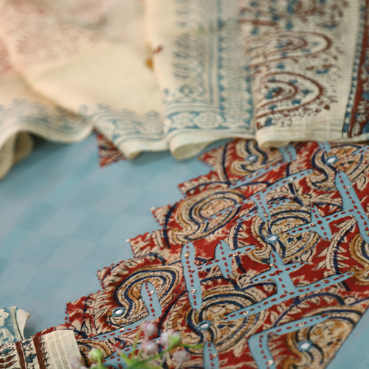 Sadhgi Powder Blue All Over Applique Patch Work in Kalamkari Print Cotton Suit Set