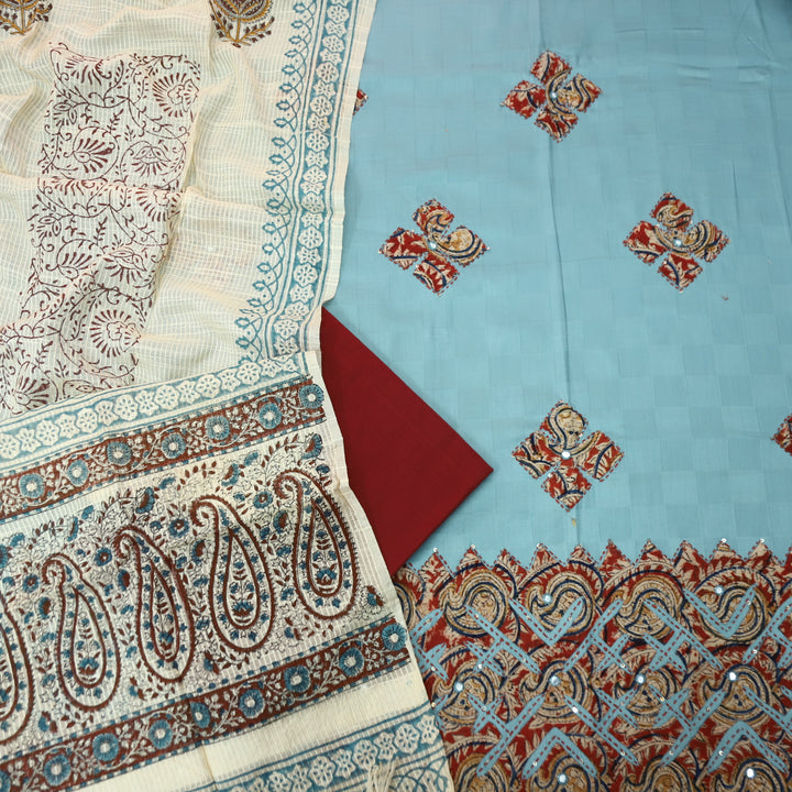 Sadhgi Powder Blue All Over Applique Patch Work in Kalamkari Print Cotton Suit Set
